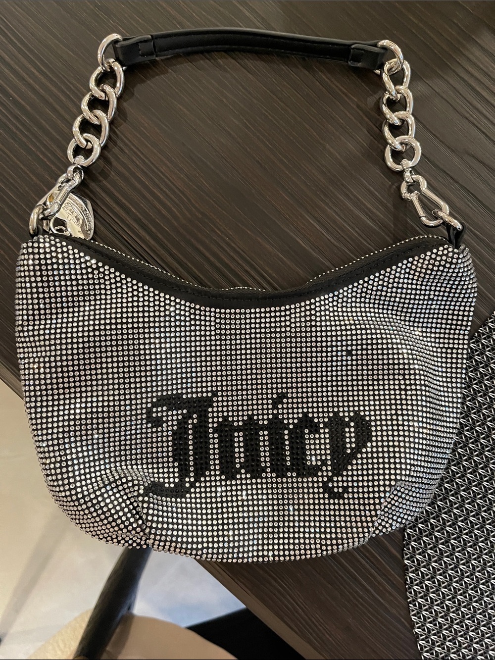 Juicy Couture Silver Crystal Mini Shoulder Bag with Black Logo